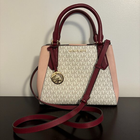 Michael Kors Kimberly Maroon Cream Pink Signature Leather Satchel - Picture 1 of 11